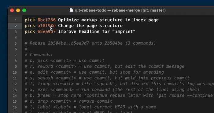 Animated screenshot showing an open terminal that edits the commit and adds a reword command on another line.